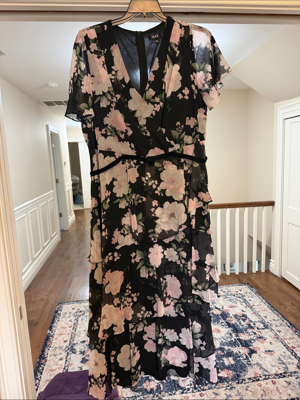 SLNY Black Midi Dress with Pink Floral Print